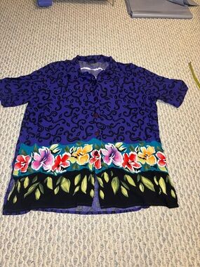 Vintage Men's Purple Floral Print Karibo Casual Button-Up Shirt